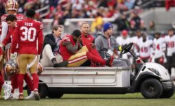Dec 11, 2022; Santa Clara, California, USA; San Francisco 49ers wide receiver Deebo Samuel (19) is taken off the field after suffering an injury against the Tampa Bay Buccaneers in the second quarter at Levi's Stadium. Mandatory Credit: Cary Edmondson-USA TODAY Sports