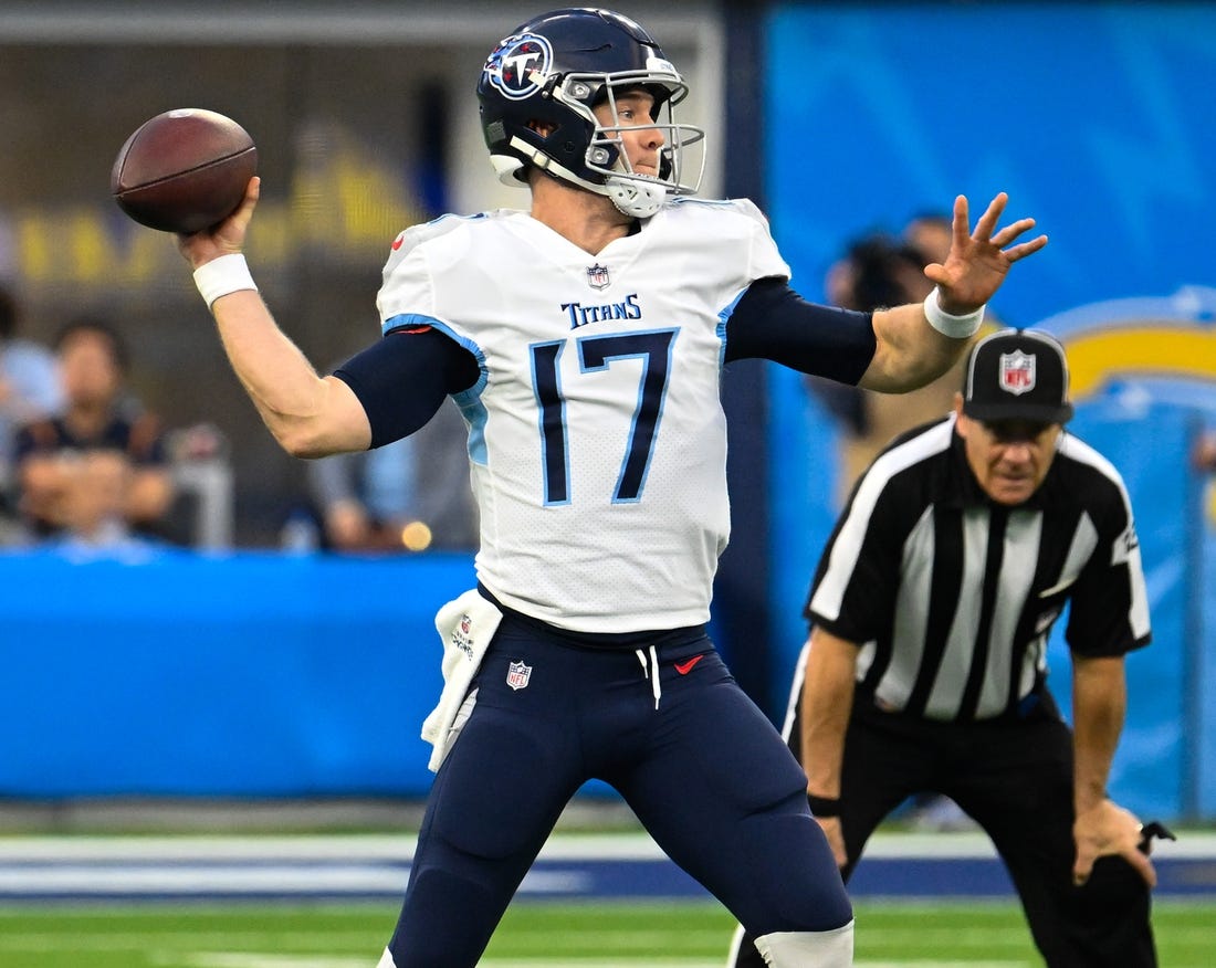 Dec 18, 2022; Inglewood, California, USA; Tennessee Titans quarterback Ryan Tannehill (17) throws a pass during the fourth quarter against the Los Angeles Chargers at SoFi Stadium. Mandatory Credit: Robert Hanashiro-USA TODAY Sports