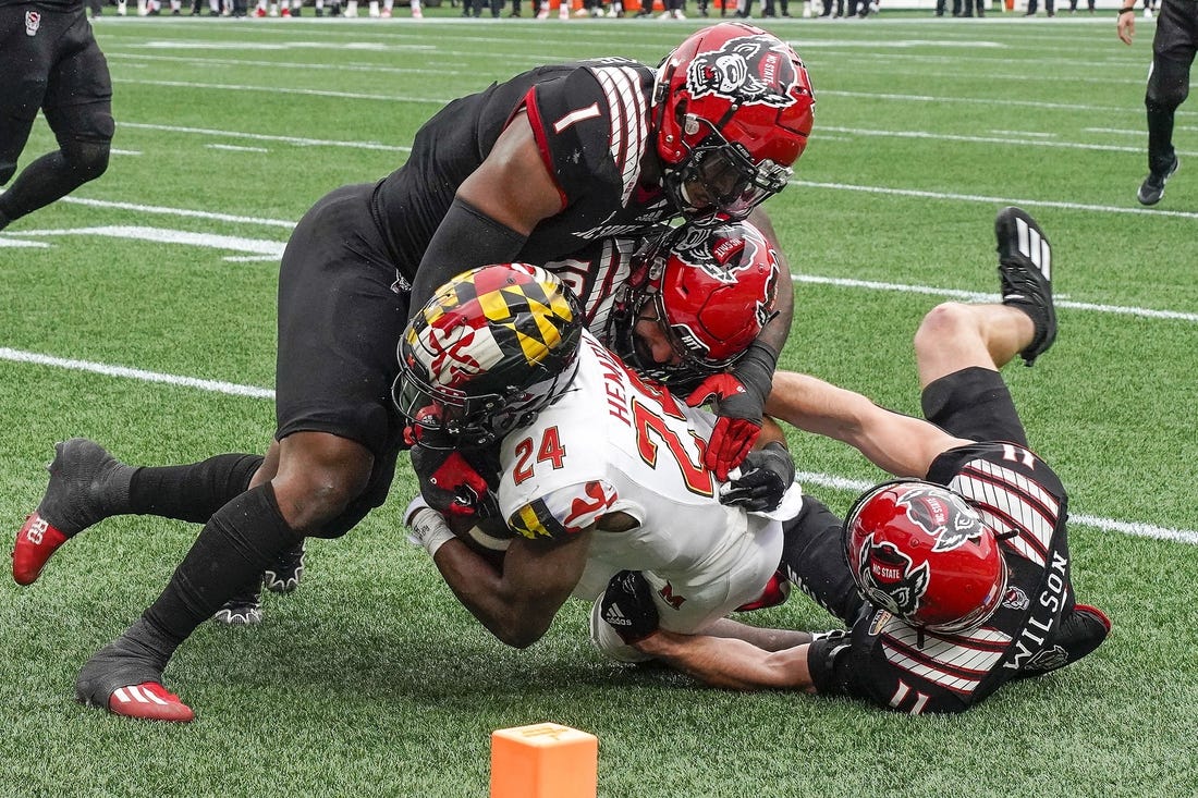 Dec 30, 2022; Charlotte, NC, USA; North Carolina State Wolfpack linebacker Isaiah Moore (1) and linebacker Payton Wilson (11) stop Maryland Terrapins running back Roman Hemby (24) on fourth down during the first half in the 2022 Duke's Mayo Bowl at Bank of America Stadium. Mandatory Credit: Jim Dedmon-USA TODAY Sports