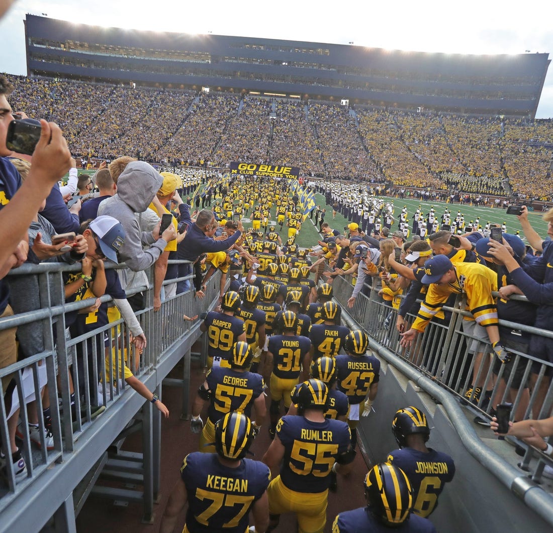 The Michigan Wolverines take the field for the season opener against the Middle Tennessee State Blue Raiders on  Saturday, August 31, 2019 at Michigan Stadium.

Michigan tunnel
