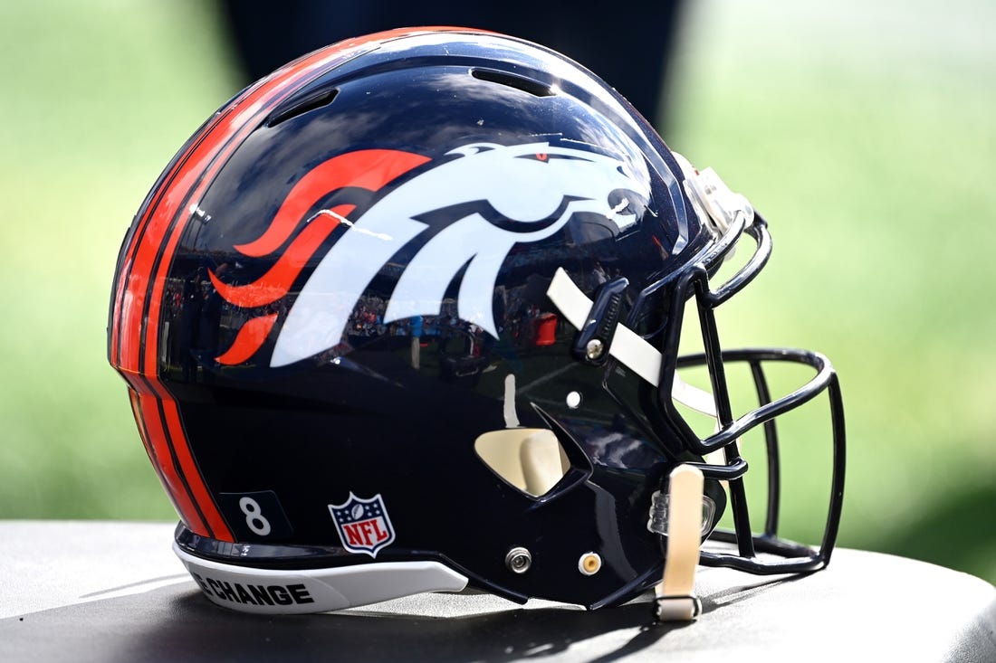 Nov 27, 2022; Charlotte, North Carolina, USA;  Denver Broncos helmet before the game at Bank of America Stadium. Mandatory Credit: Bob Donnan-USA TODAY Sports