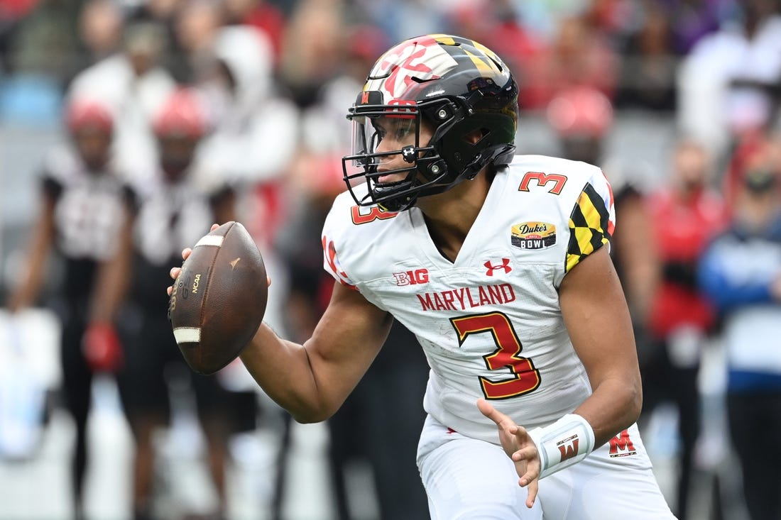 Dec 30, 2022; Charlotte, NC, USA; Maryland Terrapins quarterback Taulia Tagovailoa (3) looks to pass in the second quarter in the 2022 Duke's Mayo Bowl at Bank of America Stadium. Mandatory Credit: Bob Donnan-USA TODAY Sports
