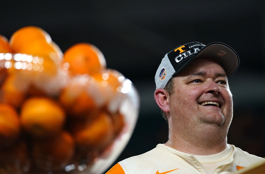 Dec 30, 2022; Miami Gardens, FL, USA; Tennessee Volunteers head coach Josh Heupel looks on after defeating the Clemson Tigers in the 2022 Orange Bowl at Hard Rock Stadium. Mandatory Credit: Rich Storry-USA TODAY Sports