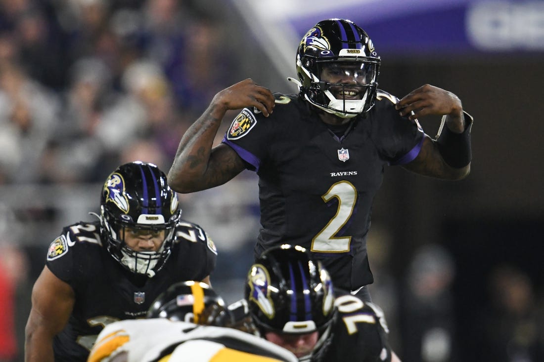 Jan 1, 2023; Baltimore, Maryland, USA;  Baltimore Ravens quarterback Tyler Huntley (2) calls a play at the line during the first half against the Pittsburgh Steelers at M&T Bank Stadium. Mandatory Credit: Tommy Gilligan-USA TODAY Sports