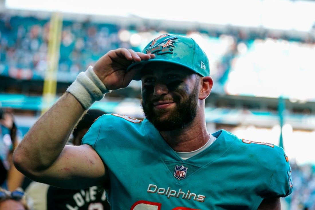 Jan 8, 2023; Miami Gardens, Florida, USA; Miami Dolphins quarterback Skylar Thompson (19) walks of the field after beating the New York Jets at Hard Rock Stadium. Mandatory Credit: Rich Storry-USA TODAY Sports