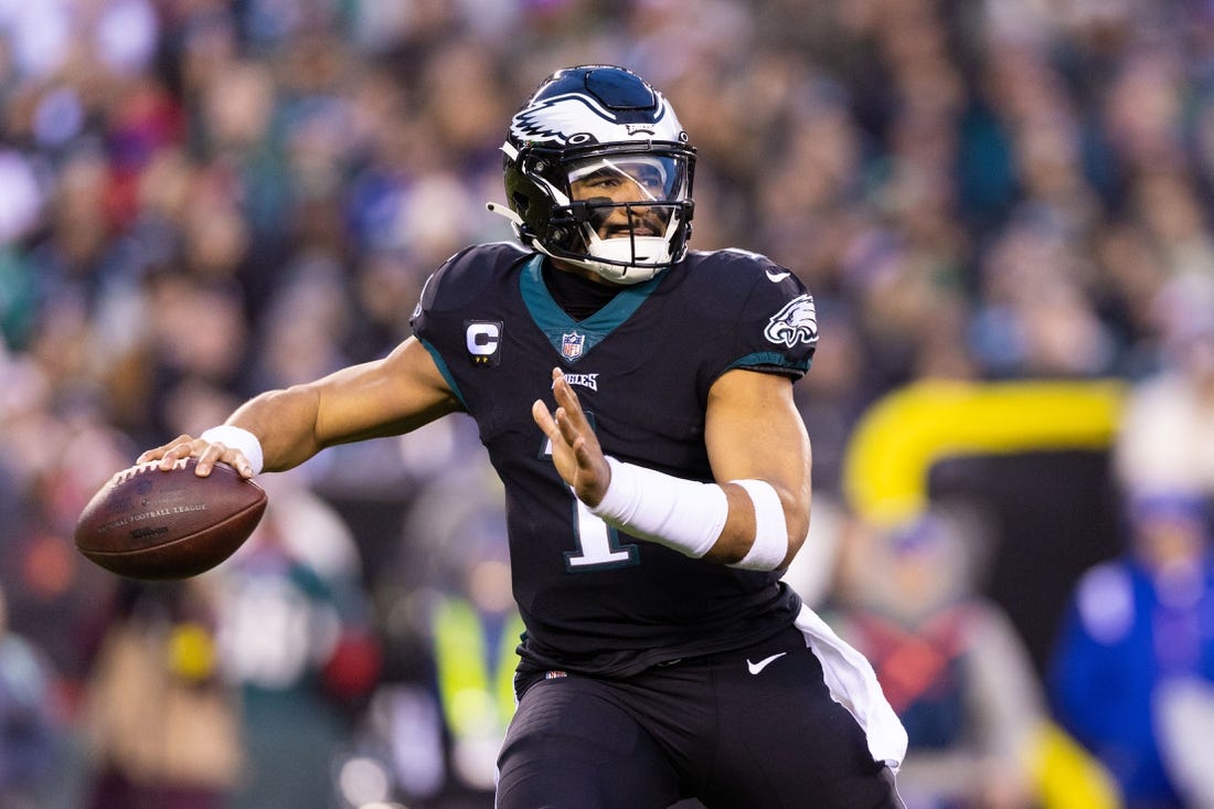 Jan 8, 2023; Philadelphia, Pennsylvania, USA; Philadelphia Eagles quarterback Jalen Hurts (1) passes the ball against the New York Giants during the first quarter at Lincoln Financial Field. Mandatory Credit: Bill Streicher-USA TODAY Sports