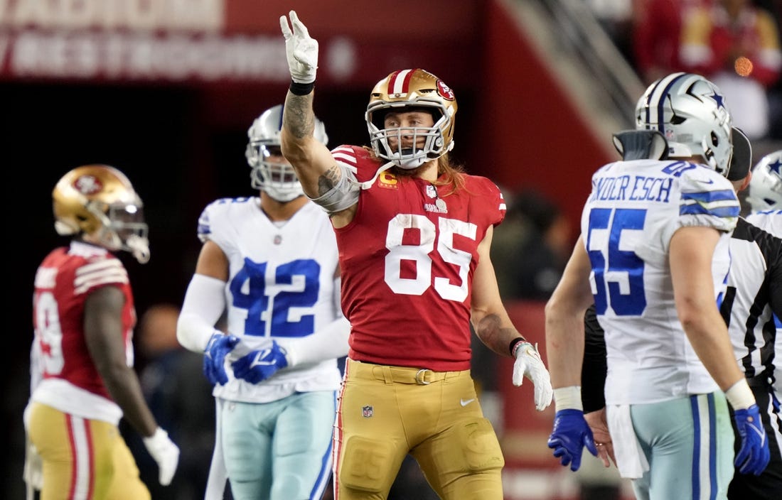 Jan 22, 2023; Santa Clara, California, USA; San Francisco 49ers tight end George Kittle (85) celebrates after a play during the fourth quarter of a NFC divisional round game against the Dallas Cowboys at Levi's Stadium. Mandatory Credit: Kyle Terada-USA TODAY Sports