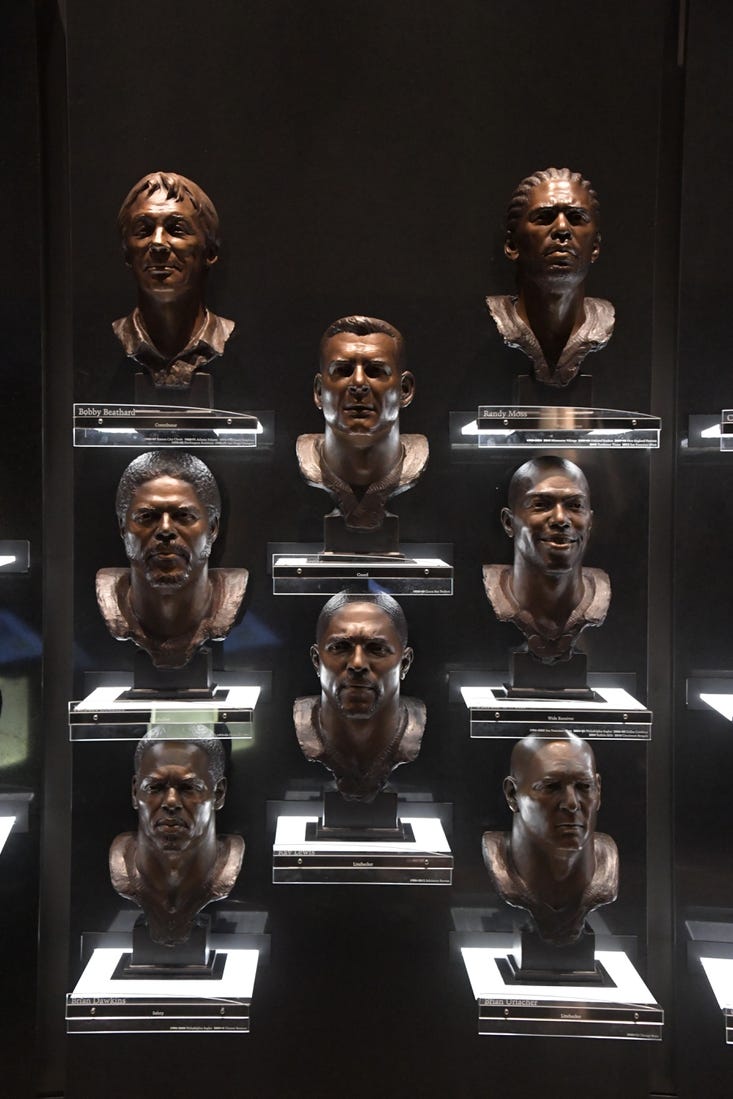 Aug 1, 2019; Canton, OH, USA;  The busts of 2015 Pro Football Hall of Fame inductees Randy Moss, Terrell Owens, Brian Dawkins, Ray Lewis, Brian Urlacher, Robert Brazile, Jerry Kramer and Bobby Beathard on display at the Pro Football Hall of Fame. Mandatory Credit: Kirby Lee-USA TODAY Sports