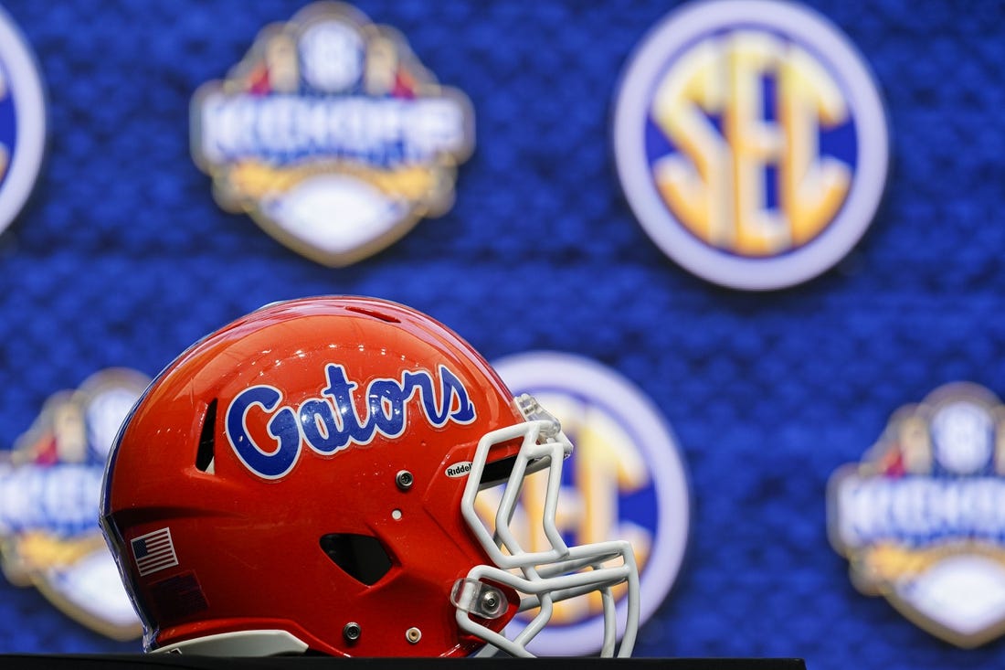 Jul 20, 2022; Atlanta, GA, USA; The Florida Gators helmet on the stage during SEC Media Days at the College Football Hall of Fame. Mandatory Credit: Dale Zanine-USA TODAY Sports