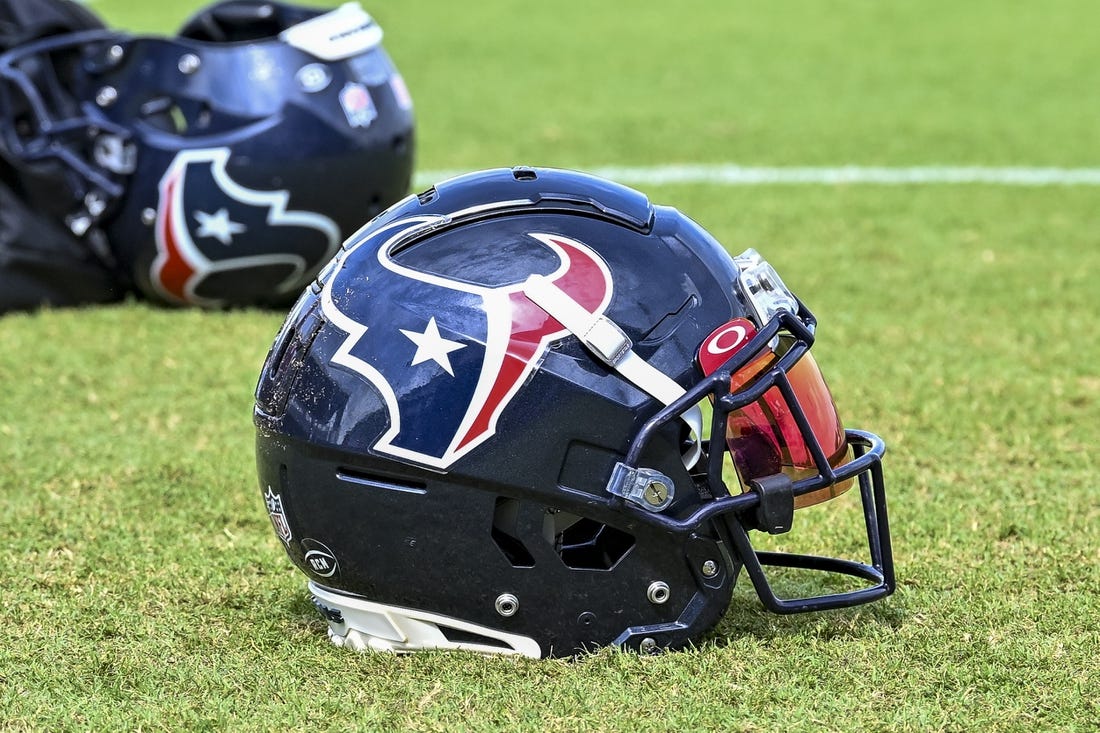 Aug 5, 2022; Houston, Texas, US; A general picture of a Houston Texans helmet after training camp at the Texans practice facility.  Mandatory Credit: Maria Lysaker-USA TODAY Sports