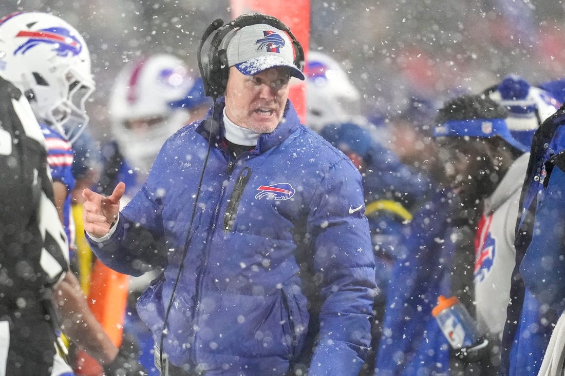 Buffalo Bills head coach Sean McDermott shouts back to his bench in the fourth quarter of the NFL divisional playoff football game between the Cincinnati Bengals and the Buffalo Bills, Sunday, Jan. 22, 2023, at Highmark Stadium in Orchard Park, N.Y. The Bengals won 27-10 to advance to the AFC Championship game against the Kansas City Chiefs.

Cincinnati Bengals At Buffalo Bills Afc Divisional Jan 22 55