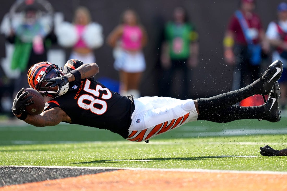 Cincinnati Bengals wide receiver Tee Higgins (85) stretches for the end zone in the fourth quarter during a Week 7 NFL game against the Atlanta Falcons, Sunday, Oct. 23, 2022, at Paycor Stadium in Cincinnati.

Nfl Atlanta Falcons At Cincinnati Bengals