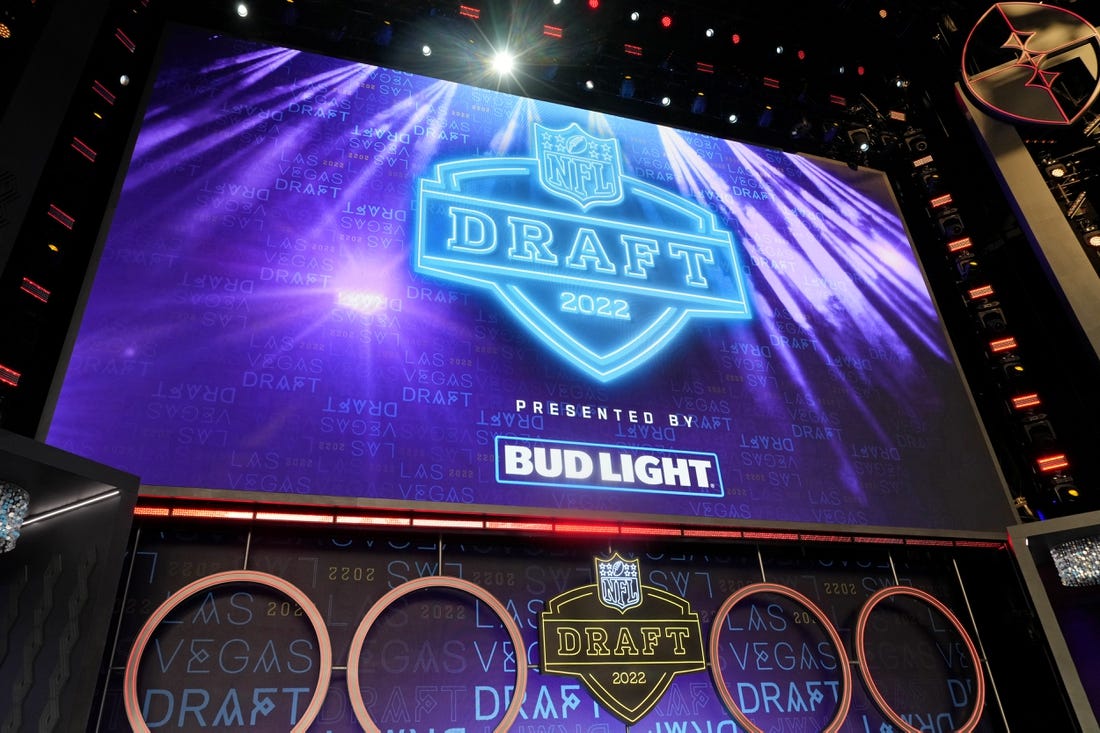 Apr 28, 2022; Las Vegas, NV, USA; The 2022 NFL Draft logo is displayed during the first round of the 2022 NFL Draft at the NFL Draft Theater. Mandatory Credit: Kirby Lee-USA TODAY Sports