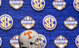 Jul 21, 2022; Atlanta, GA, USA; The Tennessee helmet shown on the stage during SEC Media Days at the College Football Hall of Fame. Mandatory Credit: Dale Zanine-USA TODAY Sports
