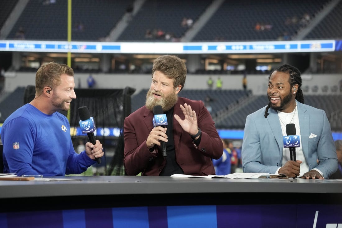 Aug 19, 2022; Inglewood, California, USA; Los Angeles Rams coach Sean McVay (left) is interviewed by Ryan Fitzpatrick (center) and Richard Sherman on the Amazon Prime Thursday Night Football set before the game against the Houston Texans at SoFi Stadium. Mandatory Credit: Kirby Lee-USA TODAY Sports