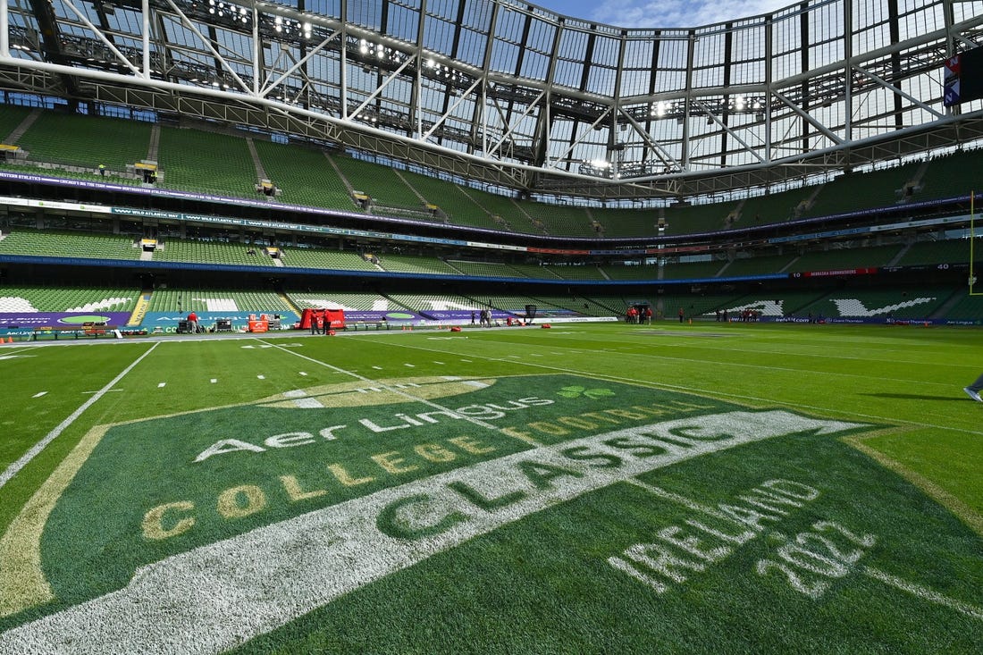 Aug 27, 2022; Dublin, IRELAND;  A general view of event branding on the pitch before the Aer Lingus college football series game between the Nebraska Cornhuskers and Northwestern Wildcats at Aviva Stadium. Mandatory Credit: Brendan Moran-USA TODAY Sports