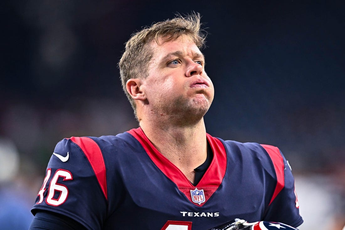 Aug 25, 2022; Houston, Texas, USA;  Houston Texans long snapper Jon Weeks (46) walks off the field after the win against the San Francisco 49ers at NRG Stadium. Mandatory Credit: Maria Lysaker-USA TODAY Sports