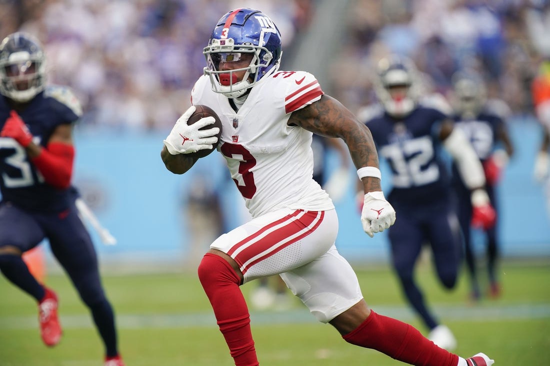 Sep 11, 2022; Nashville, Tennessee, USA; New York Giants wide receiver Sterling Shepard (3) runs in a touchdown during the third quarter at Nissan Stadium. Mandatory Credit: George Walker IV-USA TODAY Sports