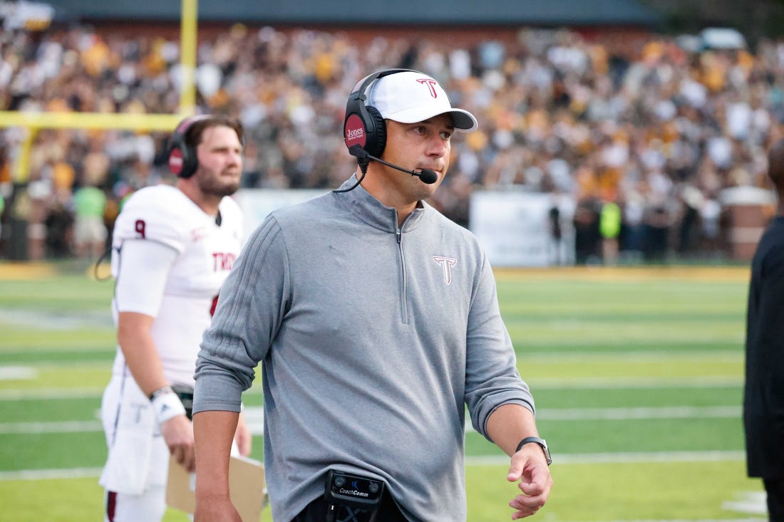 Sep 17, 2022; Boone, North Carolina, USA; Troy Trojans head coach Jon Sumrall on the sidelines against the Appalachian State Mountaineers during the second half at Kidd Brewer Stadium. Mandatory Credit: Reinhold Matay-USA TODAY Sports