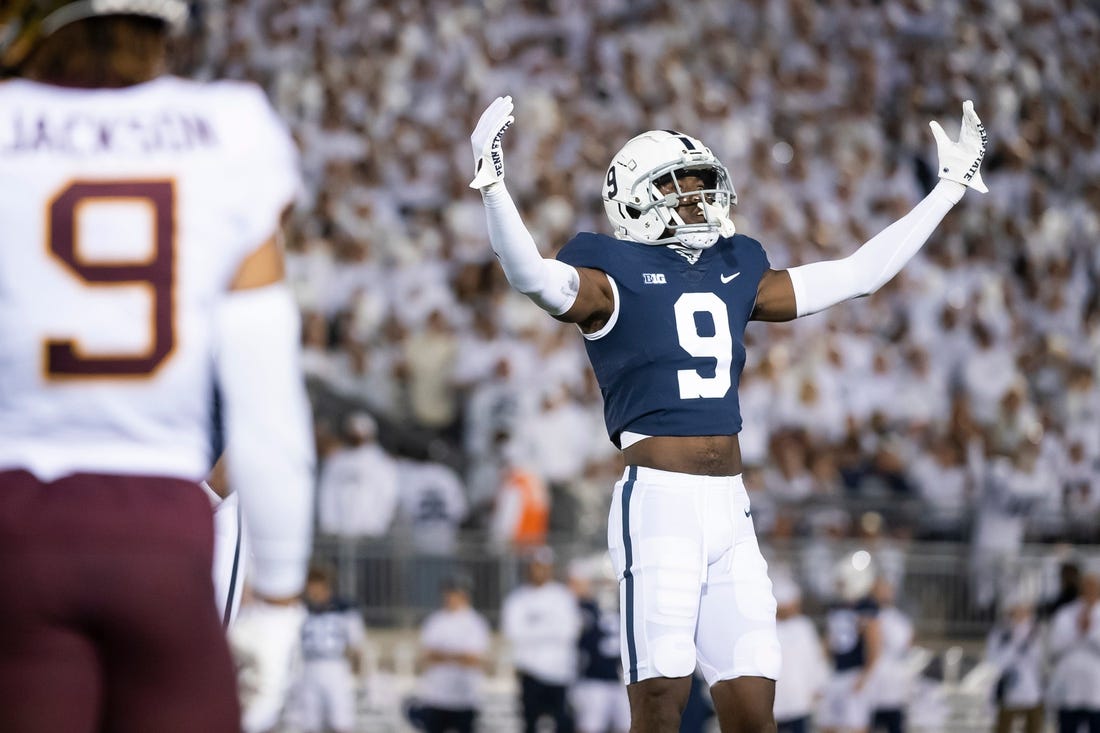 Penn State's Joey Porter Jr. motions to the Nittany Lion faithful after Minnesota is penalized for a second false start in the first quarter at Beaver Stadium on Saturday, Oct. 22, 2022, in State College.

Hes Dr 102222 Whiteout