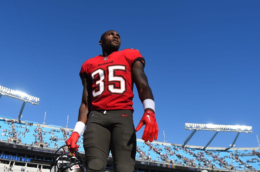 Oct 23, 2022; Charlotte, North Carolina, USA; Tampa Bay Buccaneers cornerback Jamel Dean (35) leaves the field after the game at Bank of America Stadium. Mandatory Credit: Bob Donnan-USA TODAY Sports