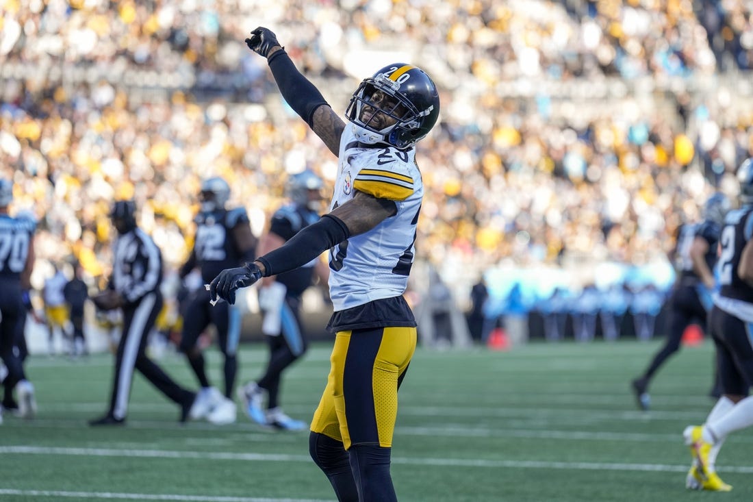 Dec 18, 2022; Charlotte, North Carolina, USA; Pittsburgh Steelers cornerback Cameron Sutton (20) looks back at fans after a red zone stop of the Carolina Panthers during the second half at Bank of America Stadium. Mandatory Credit: Jim Dedmon-USA TODAY Sports
