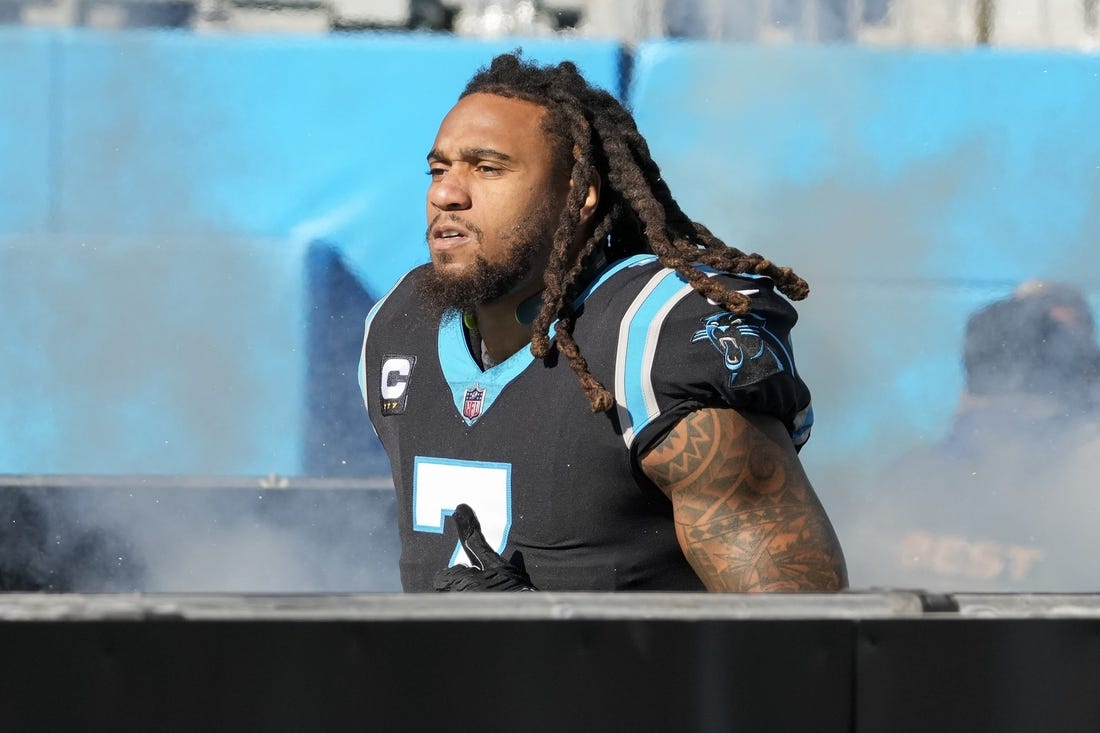 Dec 18, 2022; Charlotte, North Carolina, USA; Carolina Panthers linebacker Shaq Thompson (7) takes the field during the first quarter against the Pittsburgh Steelers at Bank of America Stadium. Mandatory Credit: Jim Dedmon-USA TODAY Sports