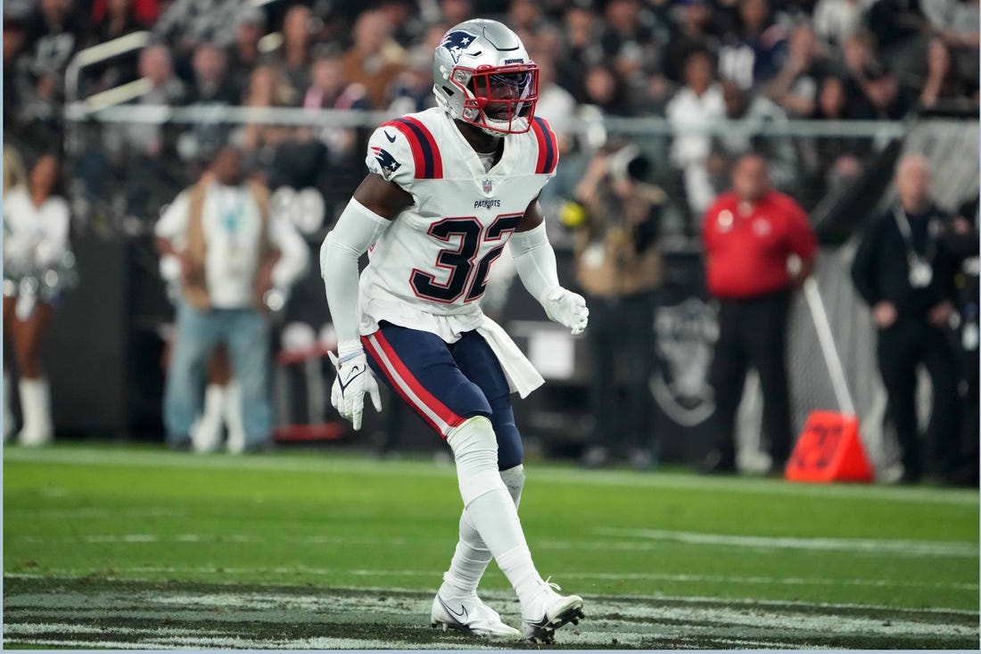 Dec 18, 2022; Paradise, Nevada, USA; New England Patriots safety Devin McCourty (32) against the Las Vegas Raiders in the second half at Allegiant Stadium. The Raiders defeated the Patriots 30-24. Mandatory Credit: Kirby Lee-USA TODAY Sports