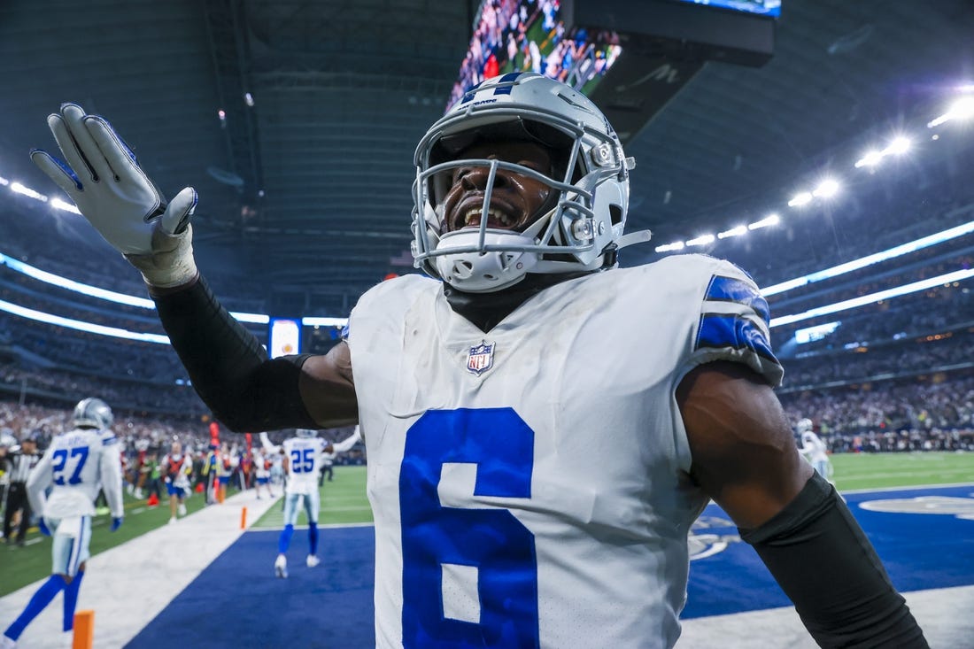 Dec 24, 2022; Arlington, Texas, USA;  Dallas Cowboys safety Donovan Wilson (6) reacts after a fourth down play during the fourth quarter against the Philadelphia Eagles at AT&T Stadium. Mandatory Credit: Kevin Jairaj-USA TODAY Sports