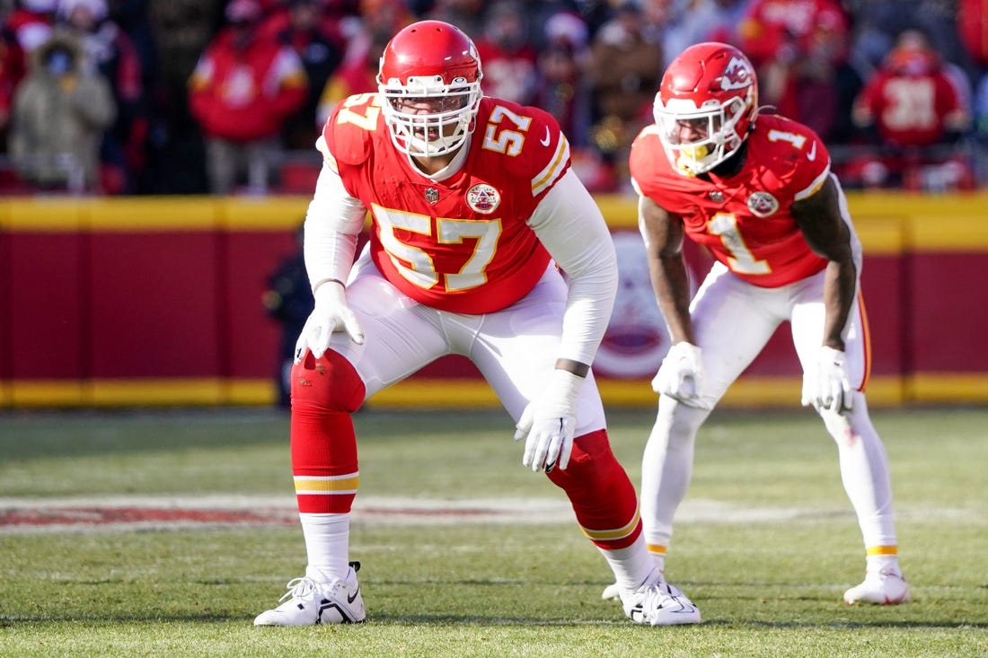 Dec 24, 2022; Kansas City, Missouri, USA; Kansas City Chiefs offensive tackle Orlando Brown Jr. (57) on the line of scrimmage against the Seattle Seahawks during the game at GEHA Field at Arrowhead Stadium. Mandatory Credit: Denny Medley-USA TODAY Sports