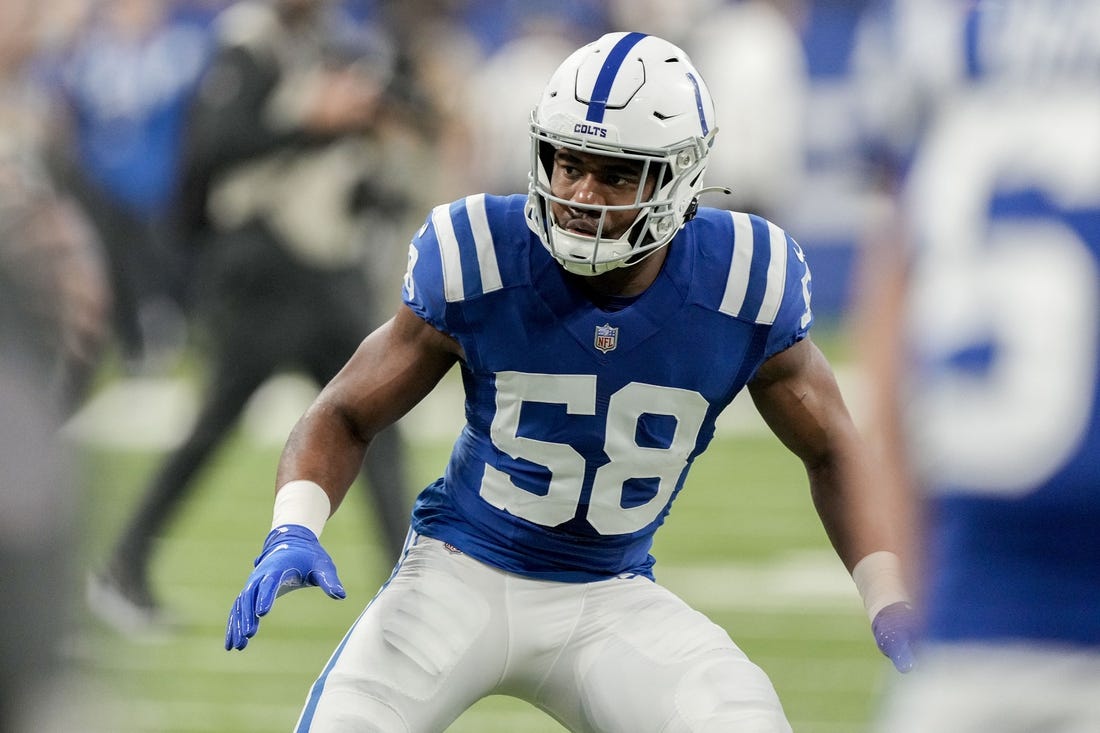 Jan 8, 2023; Indianapolis, Indiana, USA; Indianapolis Colts linebacker Bobby Okereke (58) warms up Sunday, Jan. 8, 2023, before a game against the Houston Texans at Lucas Oil Stadium. Mandatory Credit: Robert Scheer-USA TODAY Sports