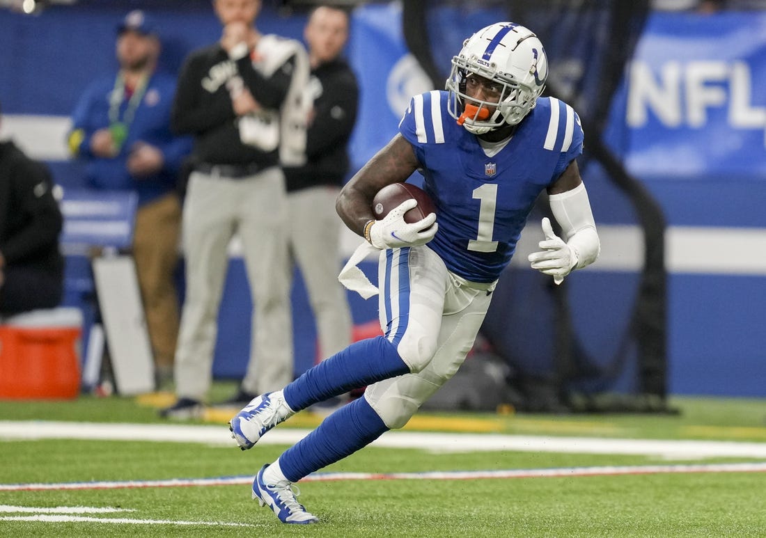 Jan 8, 2023; Indianapolis, Indiana, USA; Indianapolis Colts wide receiver Parris Campbell (1) rushes the ball after making a long reception Sunday, Jan. 8, 2023, during a game against the Houston Texans at Lucas Oil Stadium. Mandatory Credit: Jenna Watson-USA TODAY Sports