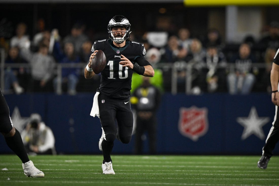 Dec 24, 2022; Arlington, Texas, USA; Philadelphia Eagles quarterback Gardner Minshew (10) in action during the game between the Dallas Cowboys and the Philadelphia Eagles at AT&T Stadium. Mandatory Credit: Jerome Miron-USA TODAY Sports