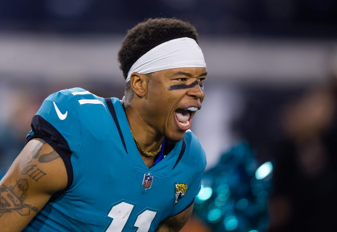 Jan 14, 2023; Jacksonville, Florida, USA; Jacksonville Jaguars wide receiver Marvin Jones Jr. (11) reacts against the Los Angeles Chargers during a wild card playoff game at TIAA Bank Field. Mandatory Credit: Mark J. Rebilas-USA TODAY Sports
