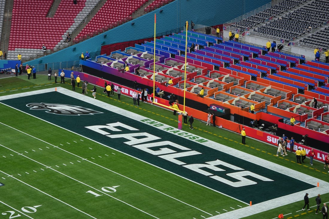 Feb 12, 2023; Glendale, AZ, USA; A general view of the Philadelphia Eagles logo in the end zone before Super Bowl LVII against the Kansas City Chiefs at State Farm Stadium. Mandatory Credit: Kirby Lee-USA TODAY Sports
