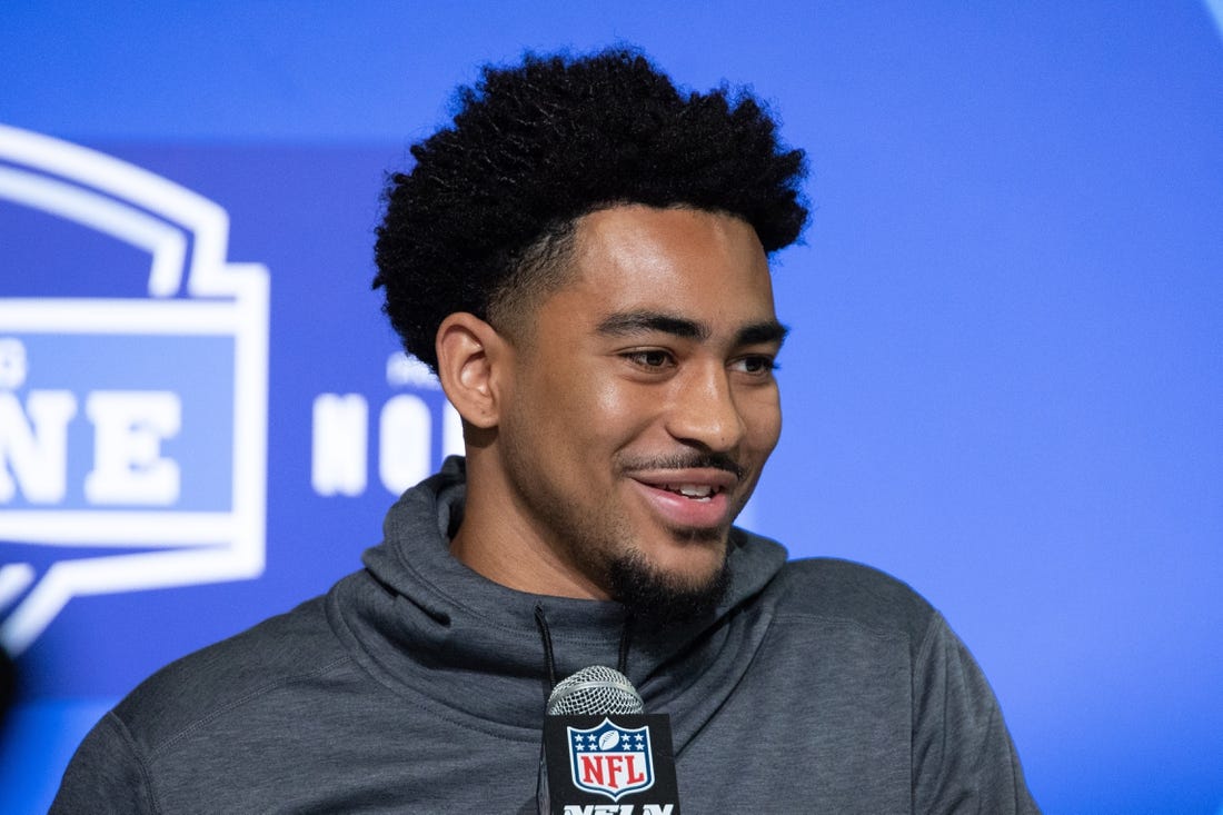 Mar 3, 2023; Indianapolis, IN, USA; Alabama quarterback Bryce Young (QB15) speaks to the press at the NFL Combine at Lucas Oil Stadium. Mandatory Credit: Trevor Ruszkowski-USA TODAY Sports
