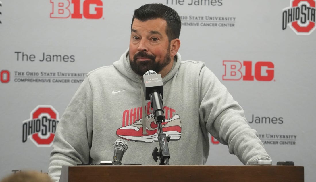 Mar 21, 2023; Columbus, OH, USA; Ohio State University football coach Ryan Day answers a question about quarterbacks during the 2023 Spring Practices. Mandatory Credit: Doral Chenoweth-The Columbus Dispatch

Ryan Day 01 Jpg