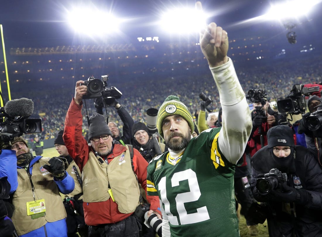 Green Bay Packers quarterback Aaron Rodgers (12) leaves the field following the Packers' victory over the Seattle Seahawks during their NFC divisional round playoff football game on Sunday, January 12, 2020, at Lambeau Field in Green Bay, Wis. Green Bay defeated Seattle 28-23.

Apc Packers Vs Seahawks 2210 011220 Wag
