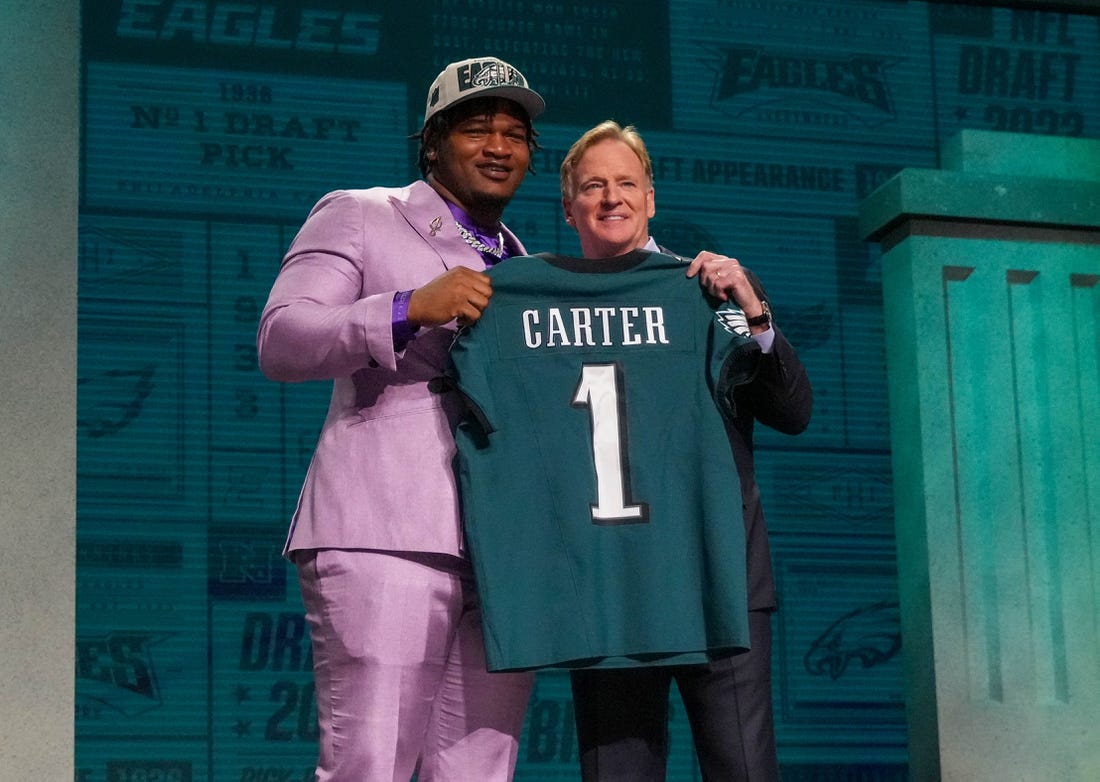 Apr 27, 2023; Kansas City, MO, USA; Georgia defensive lineman Jalen Carter with NFL commissioner Roger Goodell after being selected by the Philadelphia Eagles ninth overall in the first round of the 2023 NFL Draft at Union Station. Mandatory Credit: Kirby Lee-USA TODAY Sports