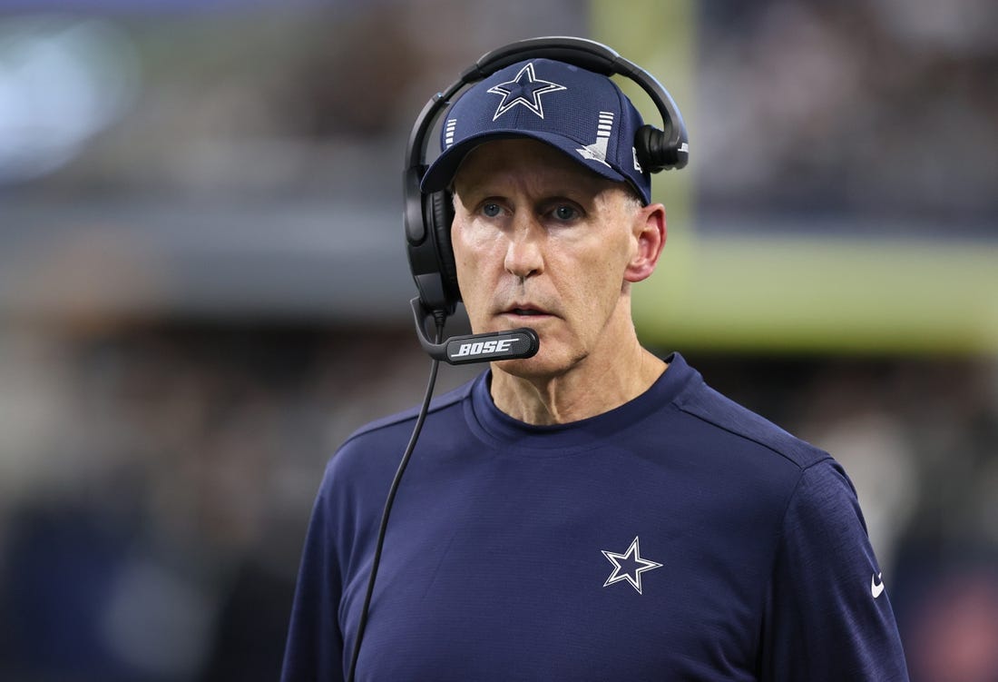 Nov 14, 2021; Arlington, Texas, USA; Dallas Cowboys offensive line coach Joe Philbin on the sidelines in the second half against the Atlanta Falcons at AT&T Stadium. Mandatory Credit: Matthew Emmons-USA TODAY Sports