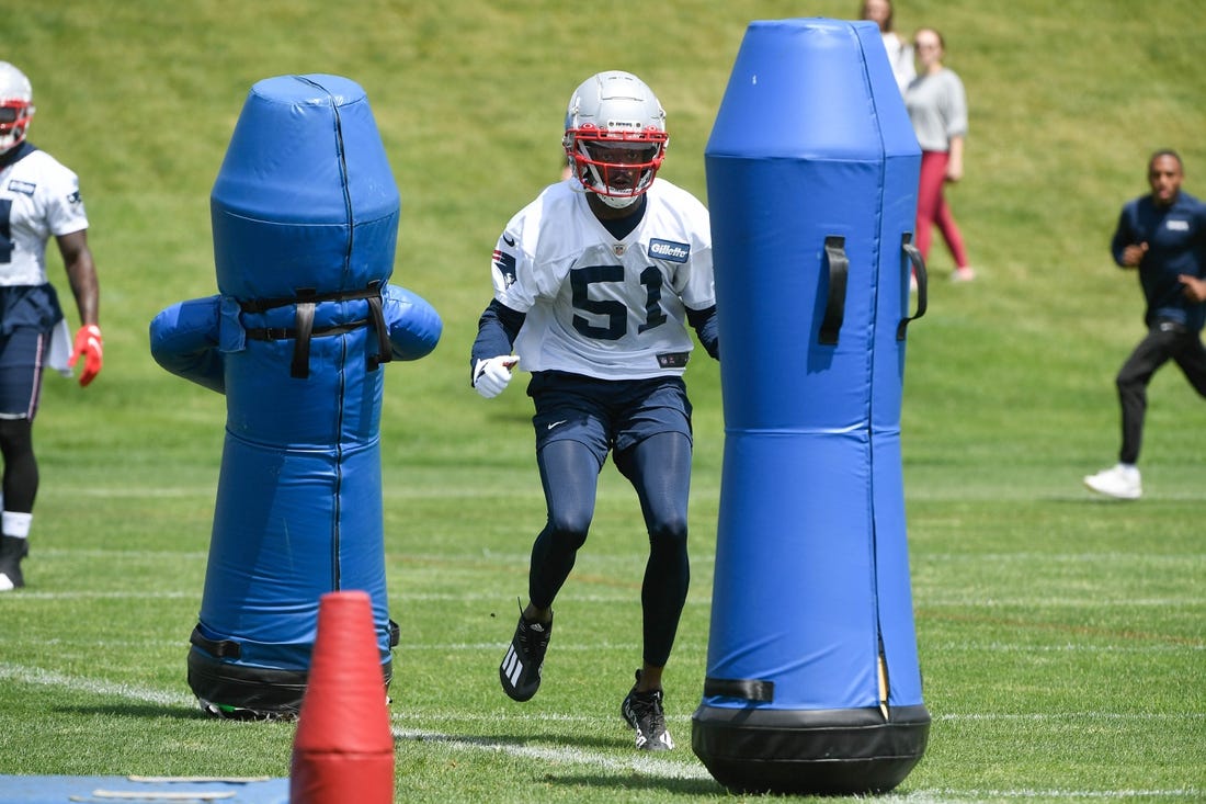 May 23, 2022; Foxborough, MA, USA; New England Patriots wide receiver Tyquan Thornton (51) does a drill at the team's OTA at Gillette Stadium. Mandatory Credit: Eric Canha-USA TODAY Sports