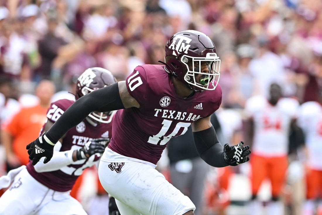 Sep 3, 2022; College Station, Texas, USA;  Texas A&M Aggies wide receiver Chris Marshall (10) in action during the first quarter against the Sam Houston State Bearkats at Kyle Field. Mandatory Credit: Maria Lysaker-USA TODAY Sports
