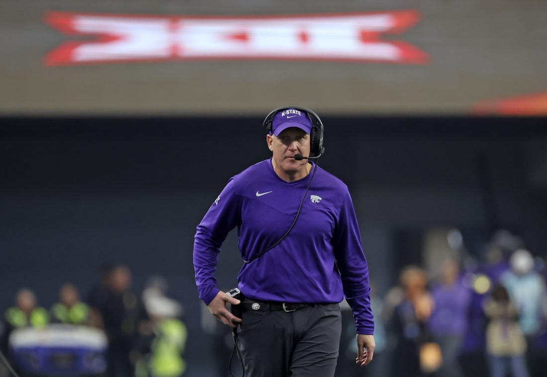 Dec 3, 2022; Arlington, TX, USA;  Kansas State Wildcats head coach Chris Klieman looks on during the second half against the TCU Horned Frogs at AT&T Stadium. Mandatory Credit: Kevin Jairaj-USA TODAY Sports
