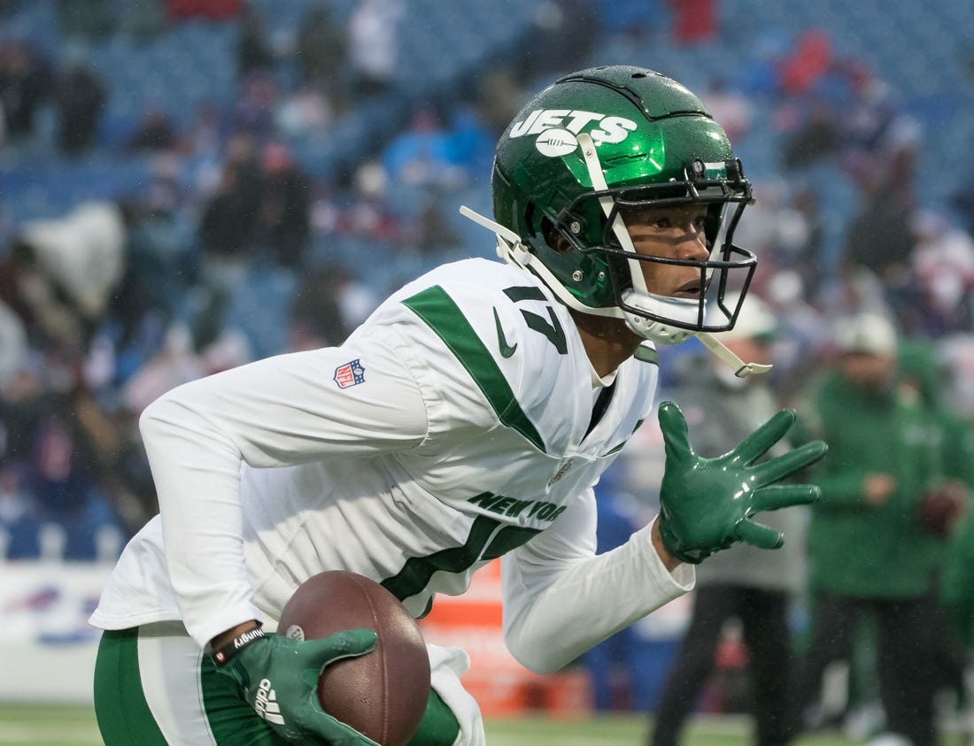 Dec 11, 2022; Orchard Park, New York, USA; New York Jets wide receiver Garrett Wilson (17) warms up before a game against the Buffalo Bills at Highmark Stadium. Mandatory Credit: Mark Konezny-USA TODAY Sports
