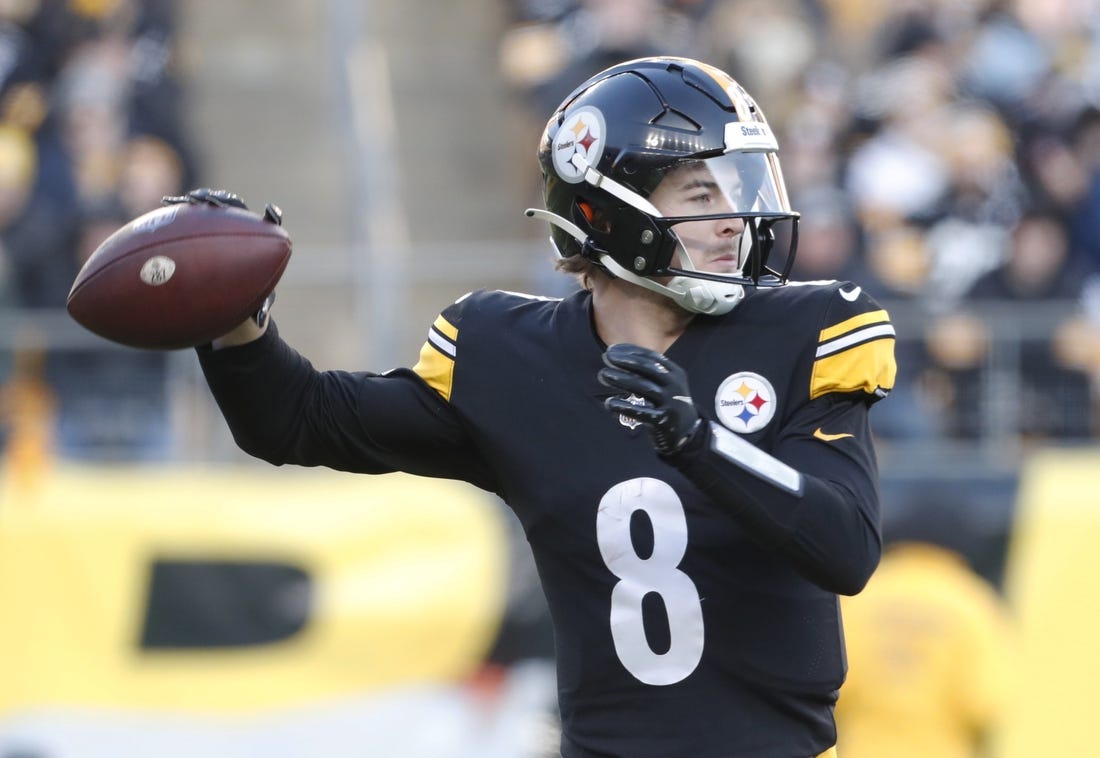 Jan 8, 2023; Pittsburgh, Pennsylvania, USA;  Pittsburgh Steelers quarterback Kenny Pickett (8) passes against the Cleveland Browns during the fourth quarter at Acrisure Stadium. Pittsburgh won 28-14. Mandatory Credit: Charles LeClaire-USA TODAY Sports