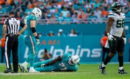 Miami Dolphins offensive tackle Brandon Shell (71), injured during second half action agains the New York Jets during NFL action Sunday January 08, 2023 at Hard Rock Stadium in Miami Gardens.