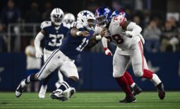 Nov 24, 2022; Arlington, Texas, USA; Dallas Cowboys linebacker Micah Parsons (11) and New York Giants offensive tackle Andrew Thomas (78) in action during the game between the Dallas Cowboys and the New York Giants at AT&T Stadium. Mandatory Credit: Jerome Miron-USA TODAY Sports