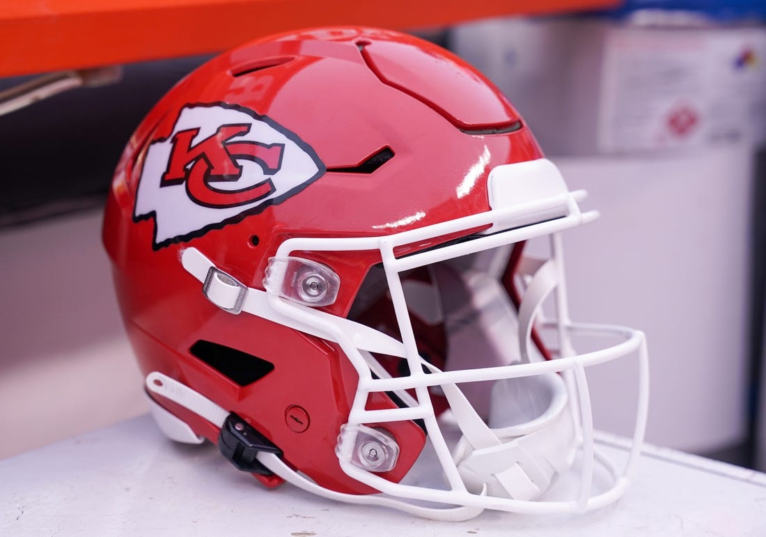 Jan 21, 2023; Kansas City, Missouri, USA; A general view of a Kansas City Chiefs helmet prior to an AFC divisional round game against the Jacksonville Jaguars at GEHA Field at Arrowhead Stadium. Mandatory Credit: Denny Medley-USA TODAY Sports