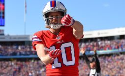 Oct 20, 2019; Orchard Park, NY, USA; Buffalo Bills wide receiver Cole Beasley (10) celebrates his touchdown against the Miami Dolphins during the fourth quarter at New Era Field. Mandatory Credit: Rich Barnes-USA TODAY Sports