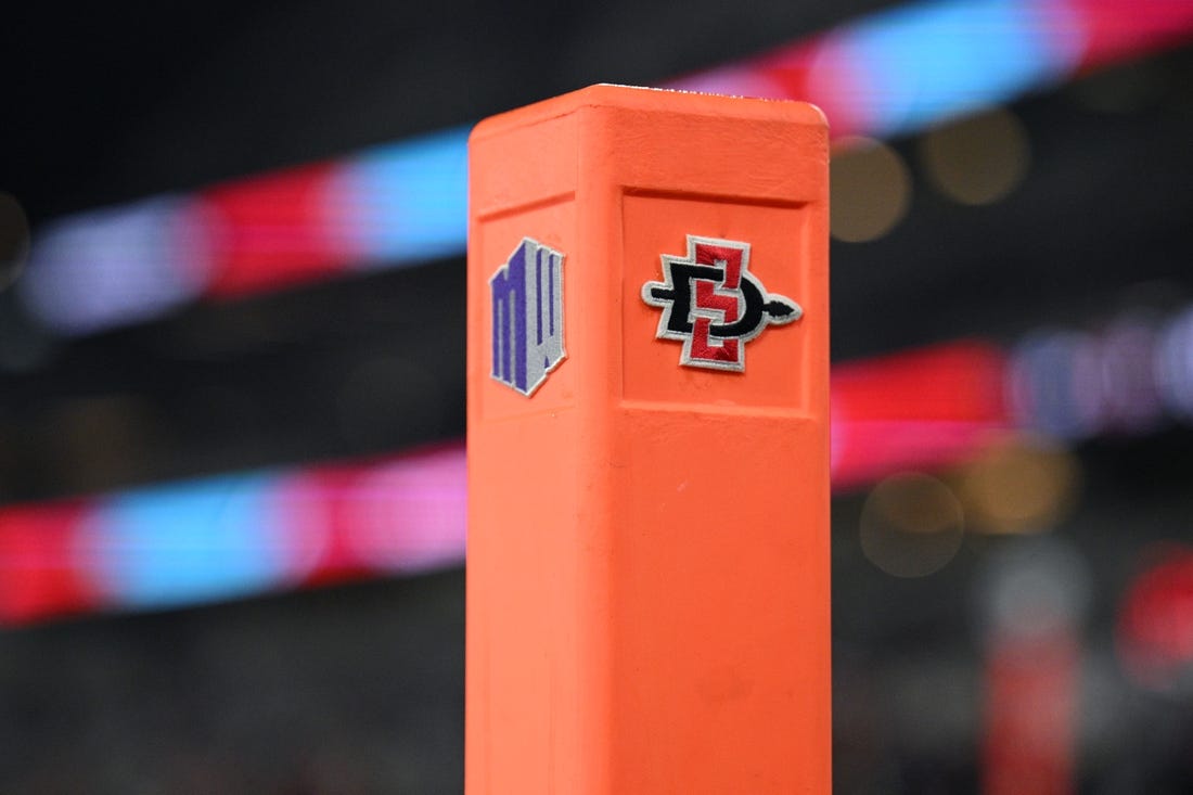Nov 26, 2022; San Diego, California, USA; A detailed view of an end zone pylon with the San Diego State Aztecs and Mountain West logo during the second half against the Air Force Falcons at Snapdragon Stadium. Mandatory Credit: Orlando Ramirez-USA TODAY Sports